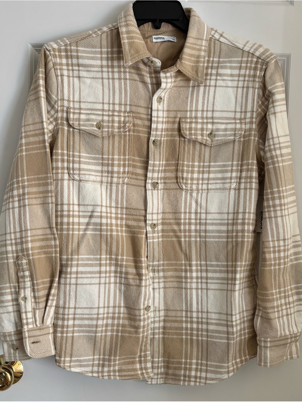 Men's Beige Plaid Button-Down Shirt - Casual Long Sleeve shirt-jacket shacket